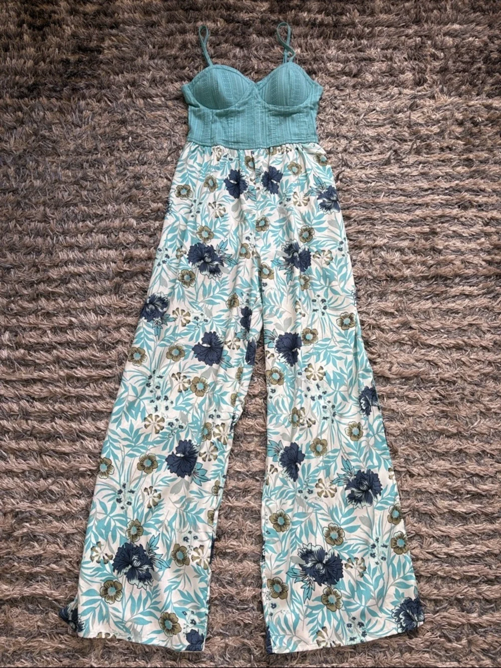 Women's Teal Bustier Floral Wide-Leg Jumpsuit Size S Cotton